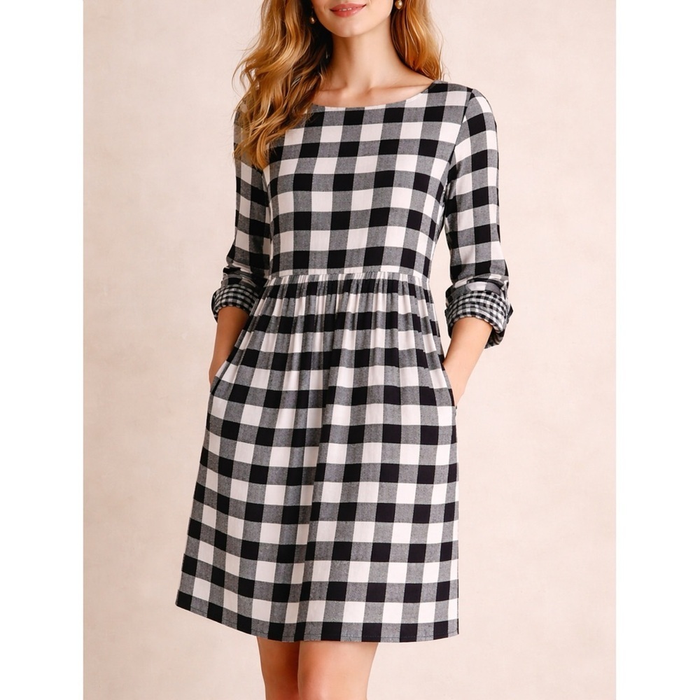 J. Jill Black White Buffalo Plaid Check Rayon Button Back Dress S Petite